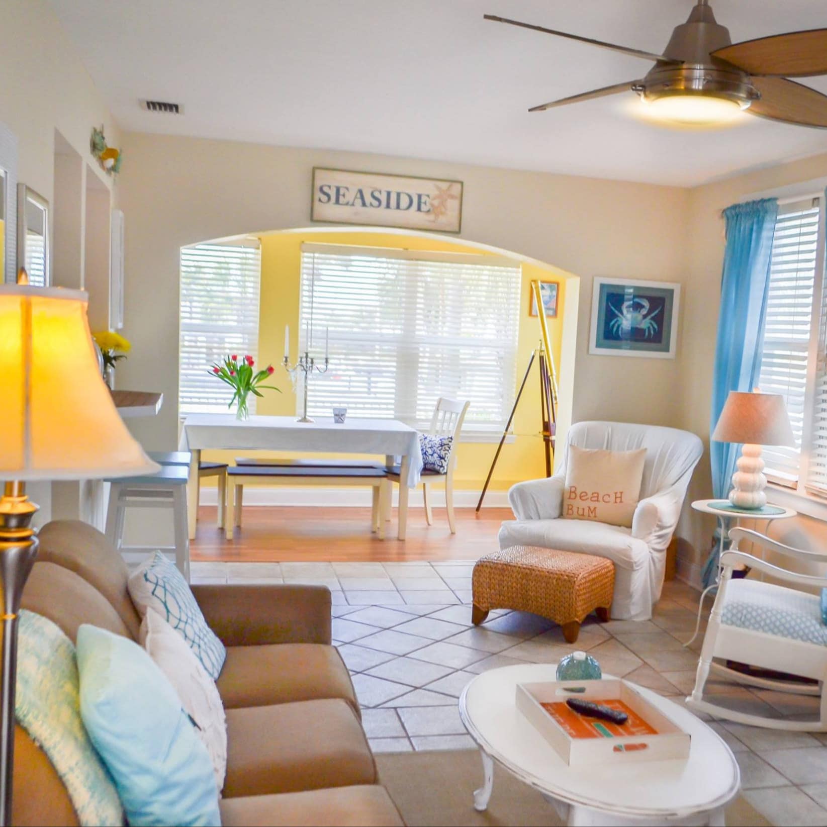 The bright interior of a beach cottage rental in St. Augustine